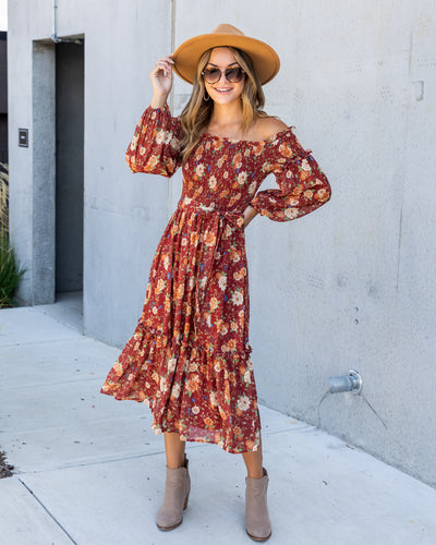 Elizabeth Smocked Off Shoulder Dress - Rust