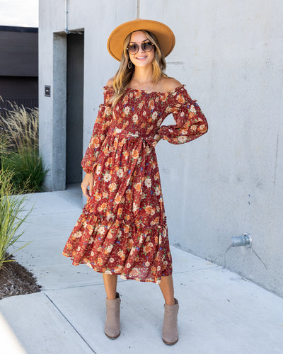 Elizabeth Smocked Off Shoulder Dress - Rust