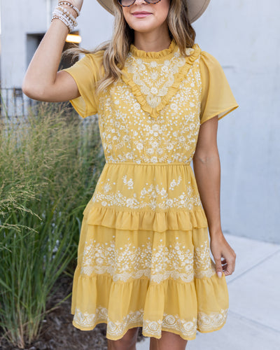 Reyna Embroidered Ruffle Dress - Marigold