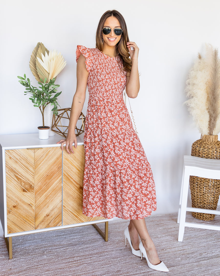 Caitlin Ditsy Floral Smocked Midi Dress - Salmon