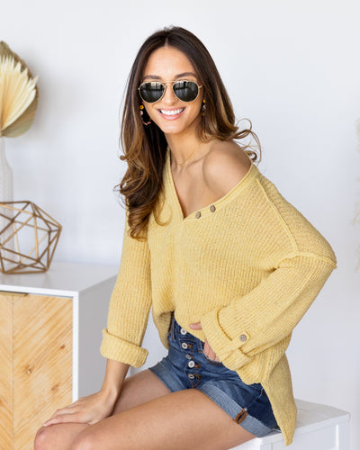Eva V-Neck Button Sweater - Light Yellow
