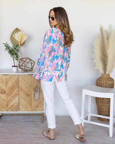 Lucille Printed Button Down Blouse - Pink Multi