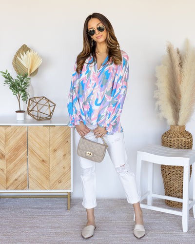 Lucille Printed Button Down Blouse - Pink Multi