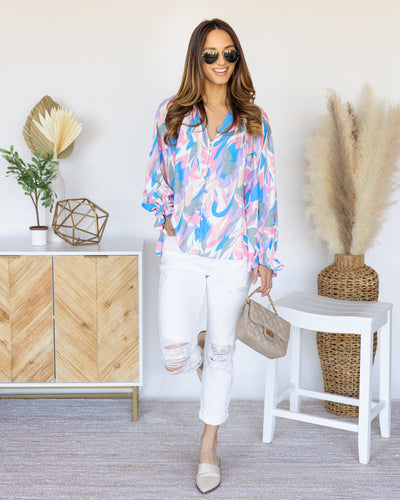 Lucille Printed Button Down Blouse - Pink Multi