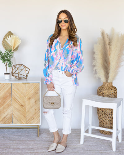 Lucille Printed Button Down Blouse - Pink Multi