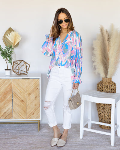 Lucille Printed Button Down Blouse - Pink Multi