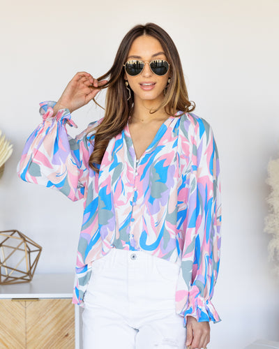 Lucille Printed Button Down Blouse - Pink Multi