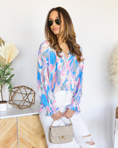 Lucille Printed Button Down Blouse - Pink Multi
