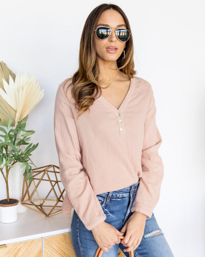 Beckie Button V-Neck Gauze Top - Taupe