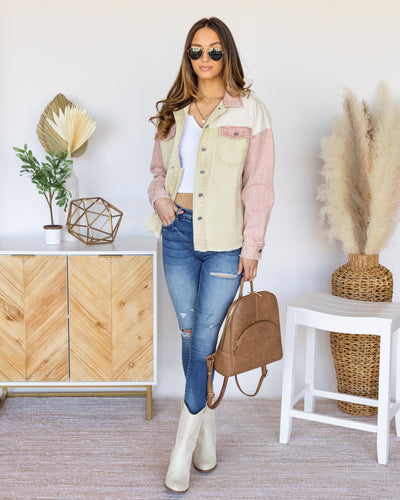 Kimberly Color Block Pocketed Denim Jacket - Cream Multi