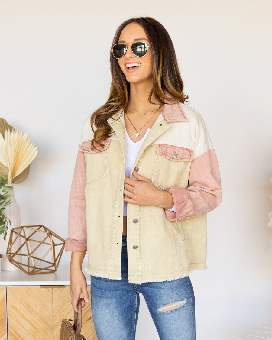 Kimberly Color Block Pocketed Denim Jacket - Cream Multi