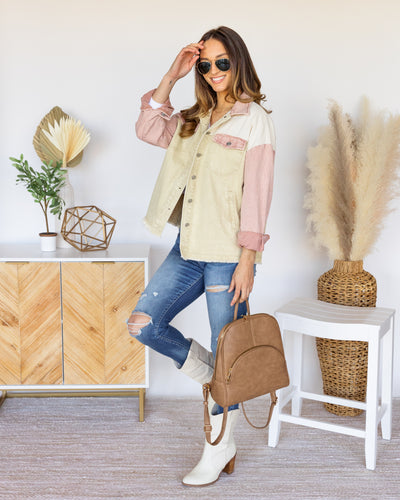 Kimberly Color Block Pocketed Denim Jacket - Cream Multi
