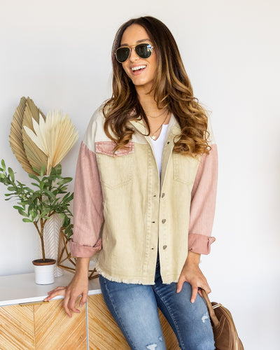 Kimberly Color Block Pocketed Denim Jacket - Cream Multi