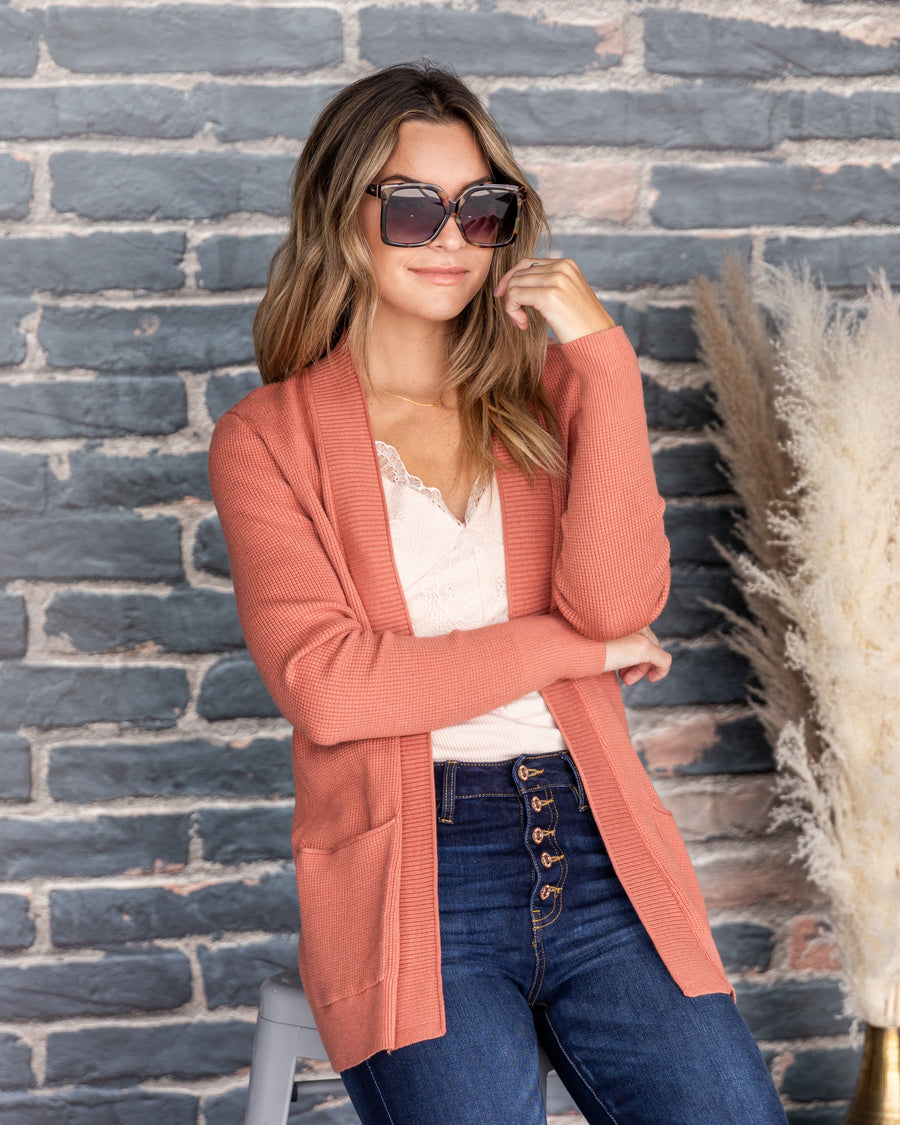 Marybeth Waffle Knit Pocketed Cardigan - Salmon