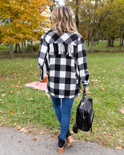 Maddie Buffalo Plaid Fringe Shacket - Black