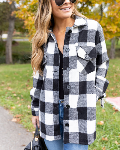 Maddie Buffalo Plaid Fringe Shacket - Black