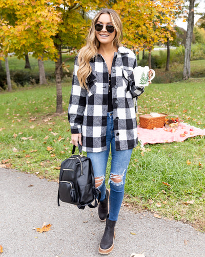 Maddie Buffalo Plaid Fringe Shacket - Black