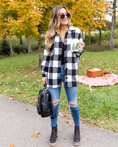 Maddie Buffalo Plaid Fringe Shacket - Black