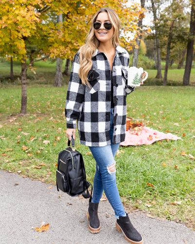 Maddie Buffalo Plaid Fringe Shacket - Black