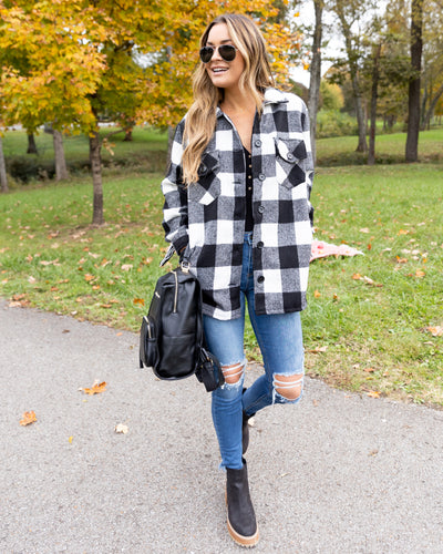 Maddie Buffalo Plaid Fringe Shacket - Black