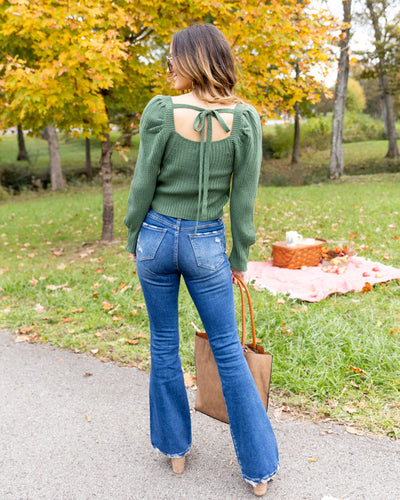 Angie Back Tie Ribbed Knit Sweater - Hunter Green
