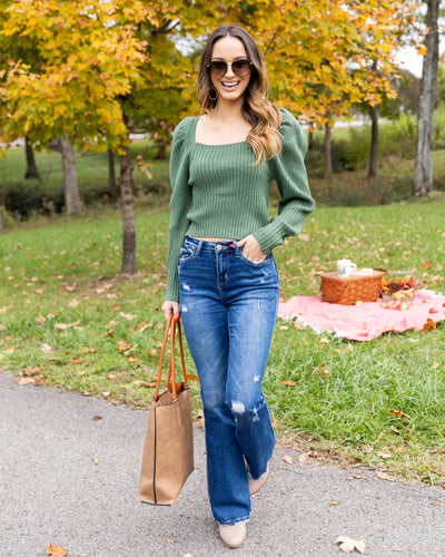 Angie Back Tie Ribbed Knit Sweater - Hunter Green