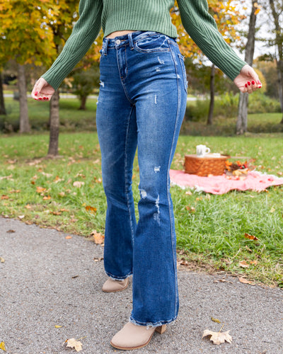 Lainie High Rise Distressed Flares - Medium Wash