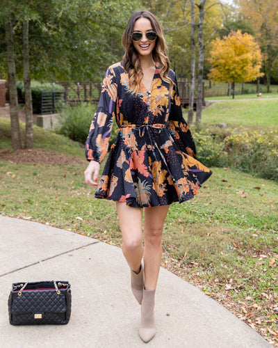 Faye Floral Front Tie Satin Dress - Black