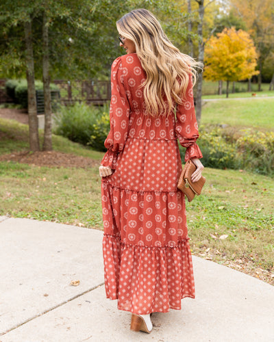 Tegan Multi Print V-Neck Maxi Dress - Rust