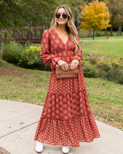 Tegan Multi Print V-Neck Maxi Dress - Rust