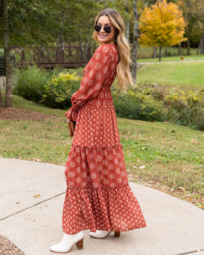 Tegan Multi Print V-Neck Maxi Dress - Rust