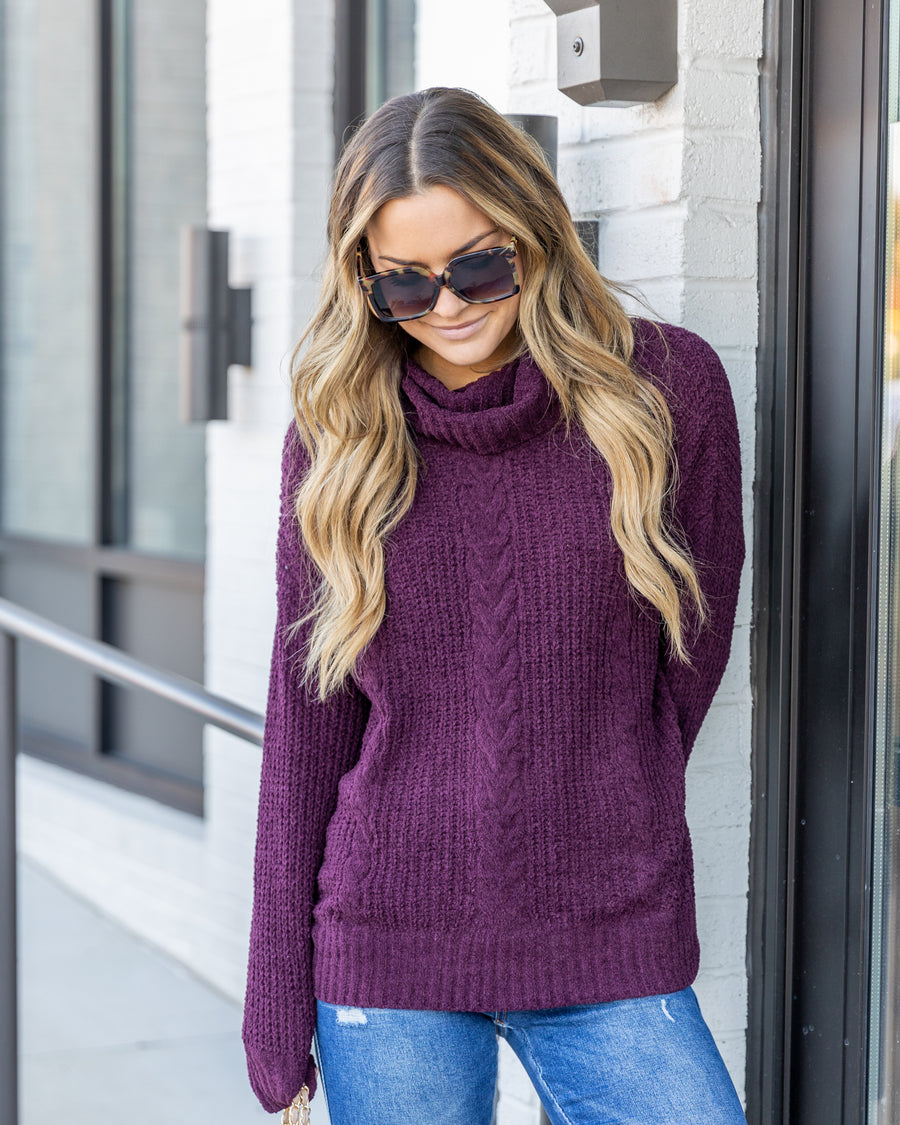 Mattie Cashmere Like Cable Knit Cowl Neck Sweater - Plum