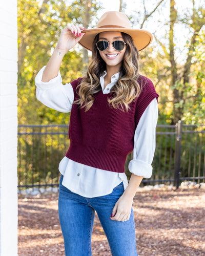 Kendal V-Neck Sweater Vest - Burgundy