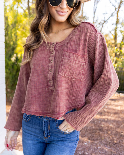 Martina Button Down Pocket Henley - Faded Brick