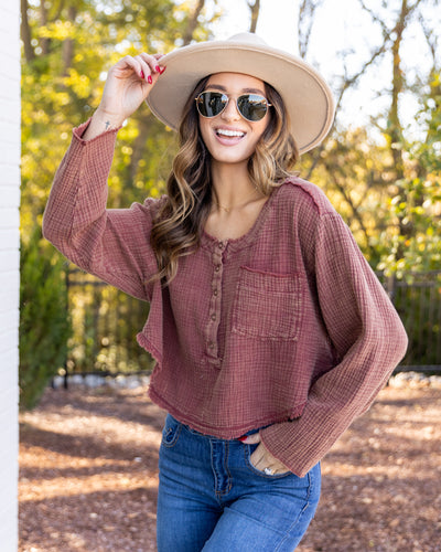 Martina Button Down Pocket Henley - Faded Brick
