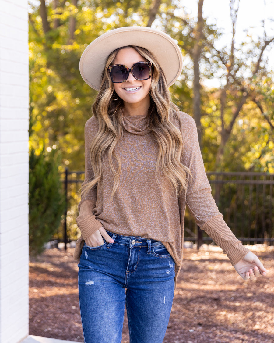 Trisha Dolman Sleeve Cowl Neck Top - Heather Tan