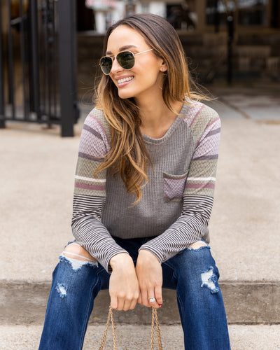 Jenna Waffle Knit Pocket Top - Grey