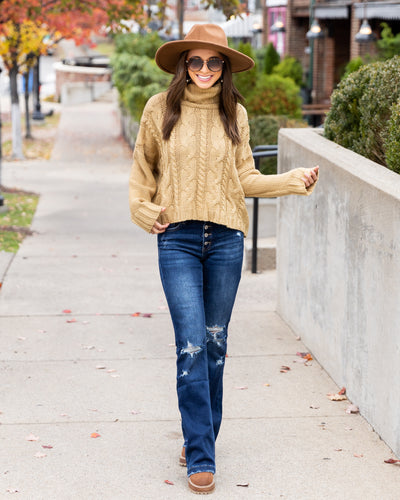 Rachel Cowl Neck Cable Knit Sweater - Light Mustard