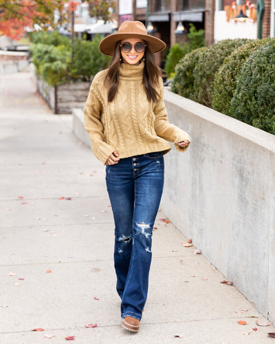 Rachel Cowl Neck Cable Knit Sweater - Light Mustard