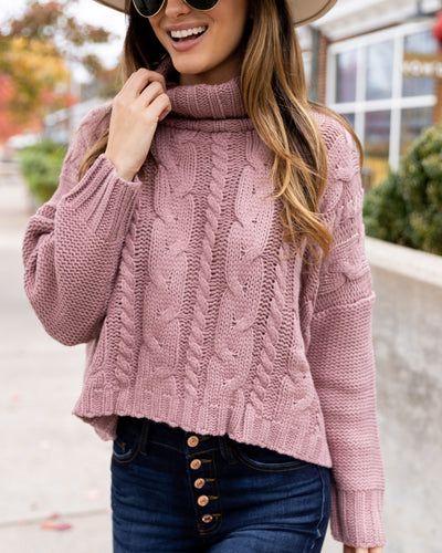 Rachel Cowl Neck Cable Knit Sweater - Mauve