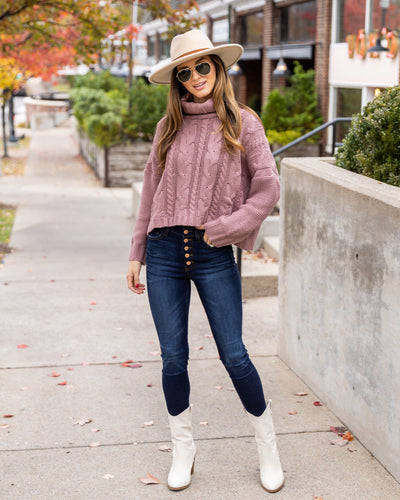 Rachel Cowl Neck Cable Knit Sweater - Mauve