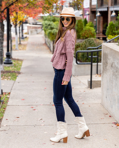 Rachel Cowl Neck Cable Knit Sweater - Mauve