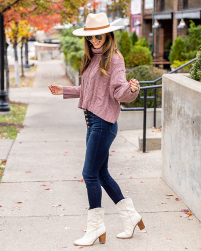 Rachel Cowl Neck Cable Knit Sweater - Mauve