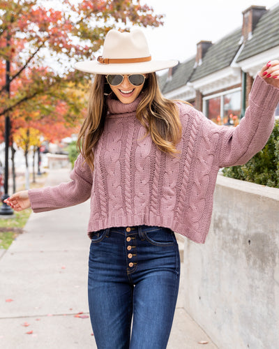 Rachel Cowl Neck Cable Knit Sweater - Mauve