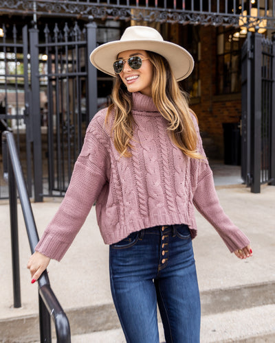 Rachel Cowl Neck Cable Knit Sweater - Mauve
