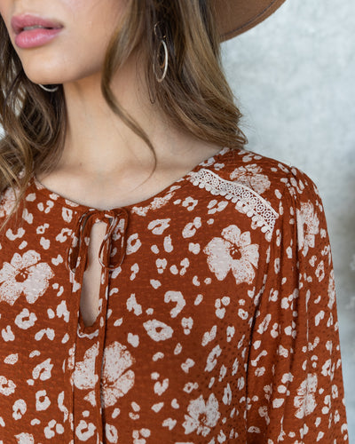 Audrey Multi Print Front Tie Top - Rust