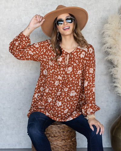 Audrey Multi Print Front Tie Top - Rust