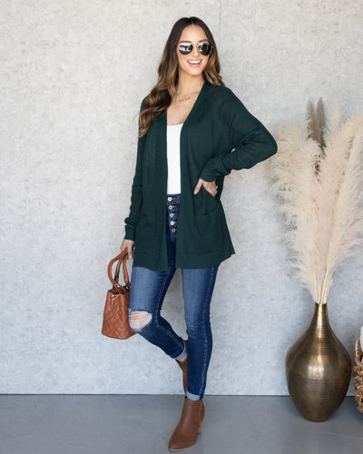 Parker Waffle Knit Pocketed Cardigan - Hunter Green