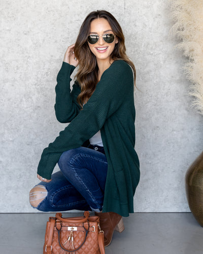 Parker Waffle Knit Pocketed Cardigan - Hunter Green