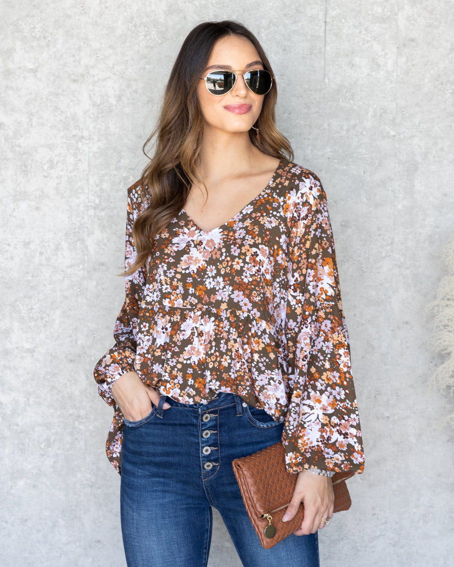 Vivian Ditsy Floral Babydoll Top - Olive